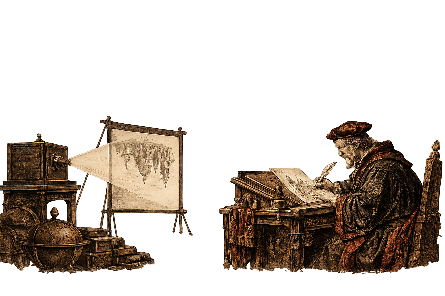 A camera obscura casts a scene onto a screen while a Renaissance scribe transcribes the text by hand